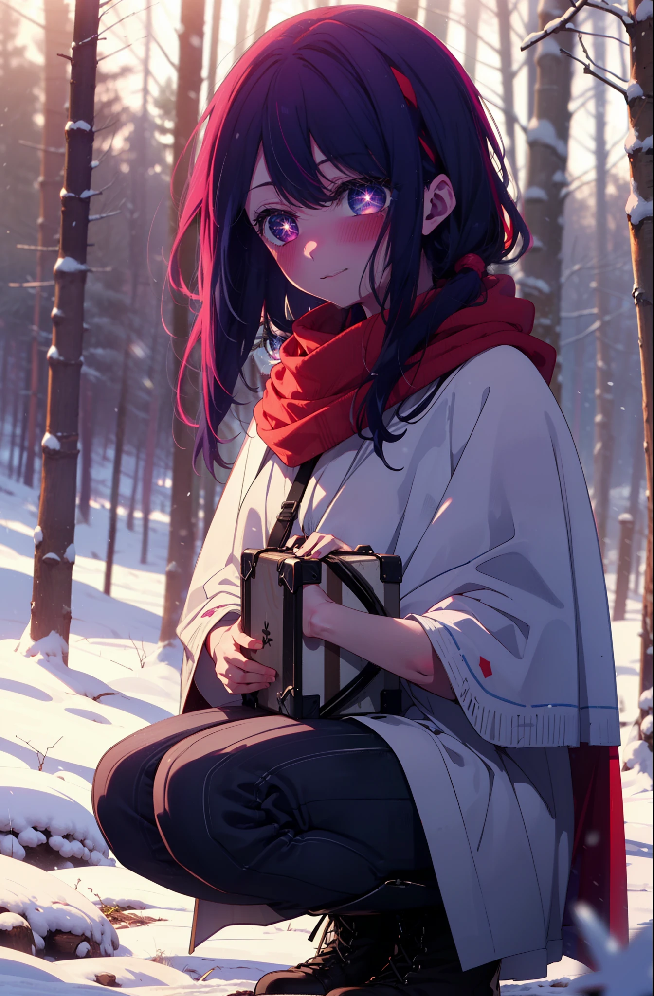 aihoshino, Ai Hoshino, Long Hair, bangs, (Purple eyes:1.1), Purple Hair, (Symbol-shaped pupil:1.5), smile,,smile,blush,white breath,
Open your mouth,snow,Ground bonfire, Outdoor, boots, snowing, From the side, wood, suitcase, Cape, Blurred, , forest, White handbag, nature, Squat, Mouth closed, Cape, winter, Written boundary depth, Black shoes, red Cape break looking at viewer, Upper Body, whole body, break Outdoor, forest, nature, break (masterpiece:1.2), Highest quality, High resolution, unity 8k wallpaper, (shape:0.8), (Beautiful and beautiful eyes:1.6), Highly detailed face, Perfect lighting, Highly detailed CG, (Perfect hands, Perfect Anatomy),