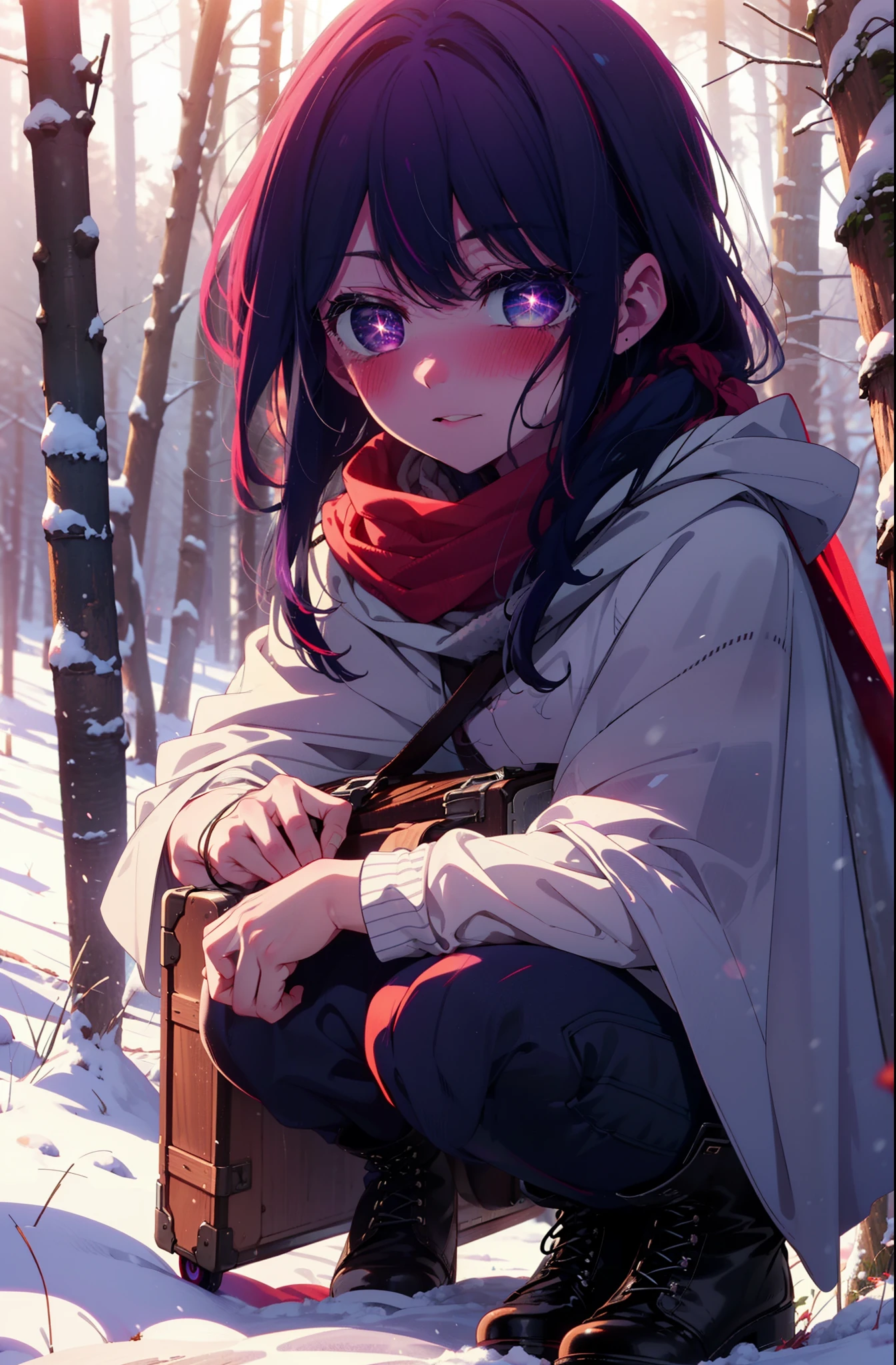 aihoshino, Ai Hoshino, Long Hair, bangs, (Purple eyes:1.1), Purple Hair, (Symbol-shaped pupil:1.5), smile,,smile,blush,white breath,
Open your mouth,snow,Ground bonfire, Outdoor, boots, snowing, From the side, wood, suitcase, Cape, Blurred, , forest, White handbag, nature,  Squat, Mouth closed, Cape, winter, Written boundary depth, Black shoes, red Cape break looking at viewer, Upper Body, whole body, break Outdoor, forest, nature, break (masterpiece:1.2), Highest quality, High resolution, unity 8k wallpaper, (shape:0.8), (Beautiful and beautiful eyes:1.6), Highly detailed face, Perfect lighting, Highly detailed CG, (Perfect hands, Perfect Anatomy),