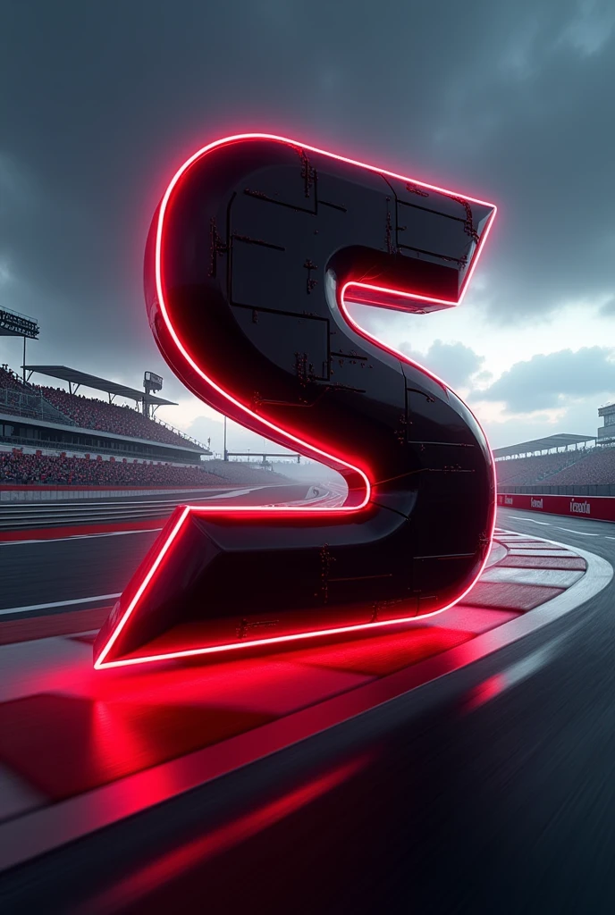 Black letter s with red edges, animated type, with racetrack background
