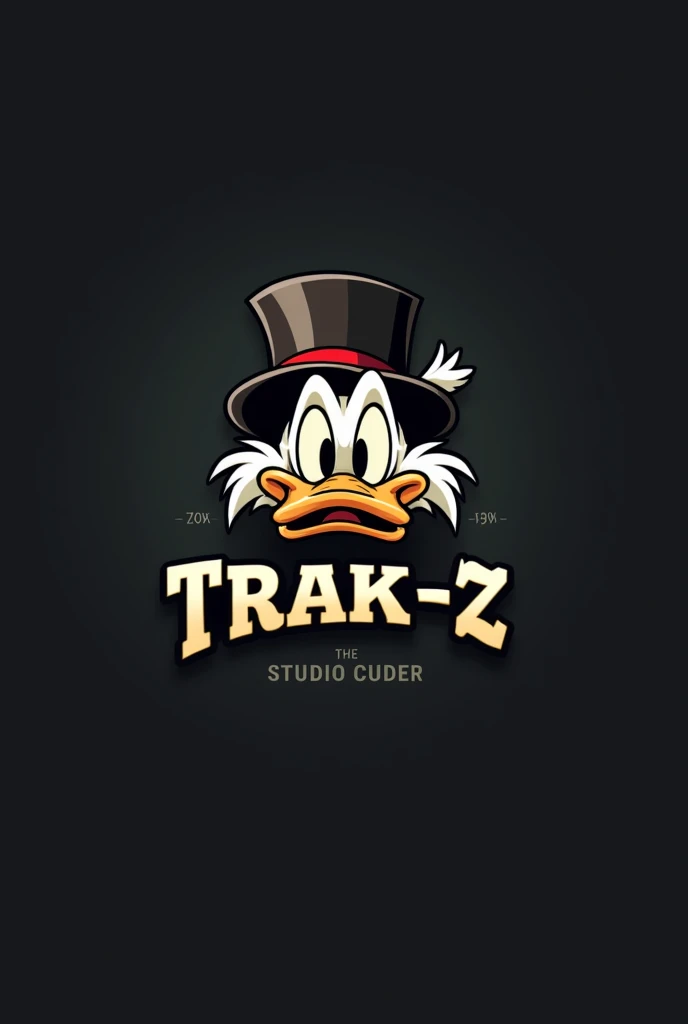 create a logo with "R$" around the name and the face of Uncle Scrooge in a top hat on top of the name, with a very dark gray background color, and the letters of the logo name are all in capital letters, for a music recording studio, named TRAKS-Z
