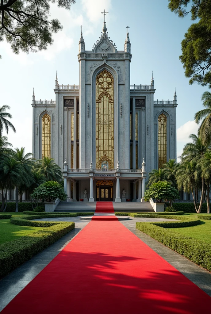 A wonderful and luxurious building, it's on it's own with large compound with trees and Grass with Indonesian architecture and the words Nexus Global Embassy fully exposed on the building separate concrete with red carpet on the entrance with a good full view and angle .Expose the words Nexus Global Embassy