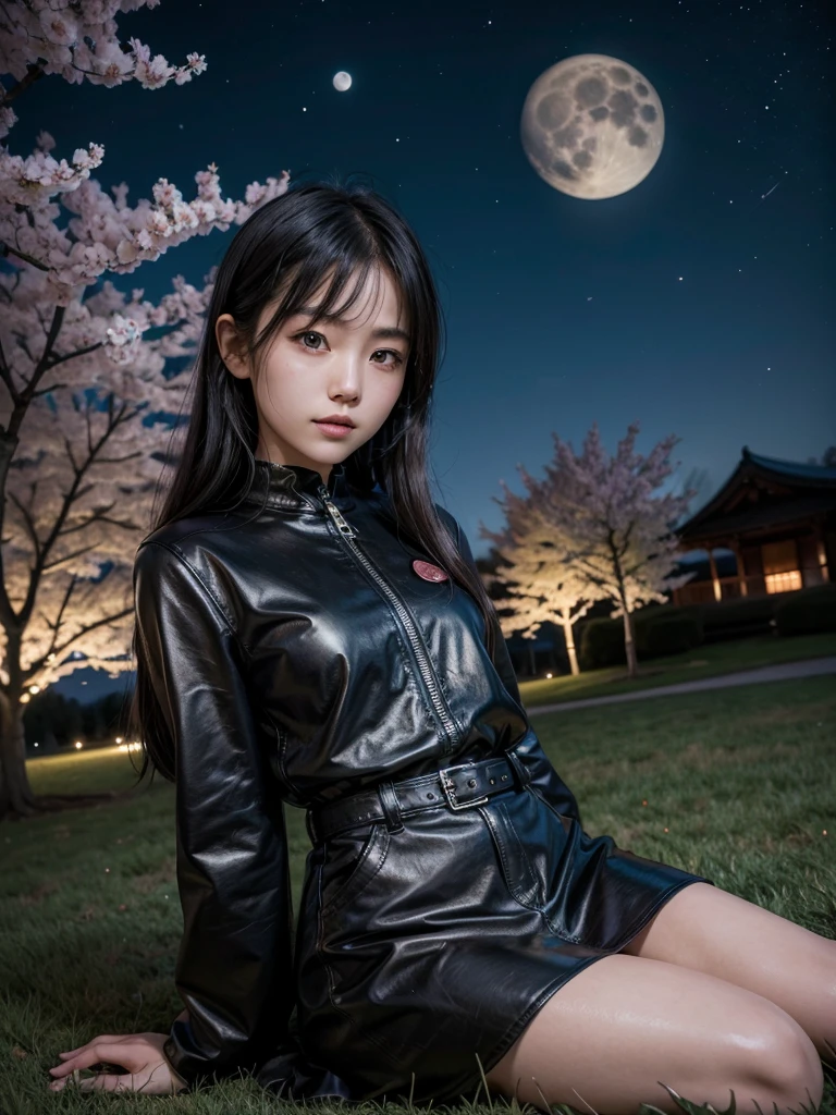 a Japanese girl, wearing leather clothes, on a hill with cherry trees at night, sitting under the grass looking at the moon in a starry sky