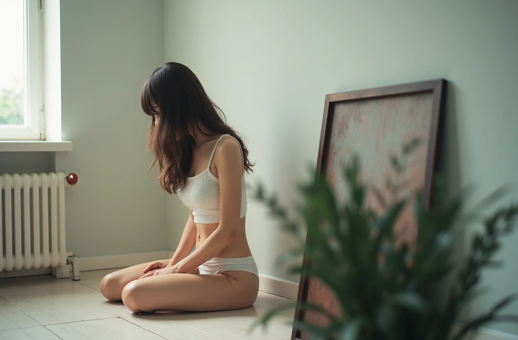 girl、 analog film photo, (Create a realistic and photorealistic photo image)、whole body、White tank top、White panties、Dimly lit place、Red light、Sitting、blur, tint, depth,