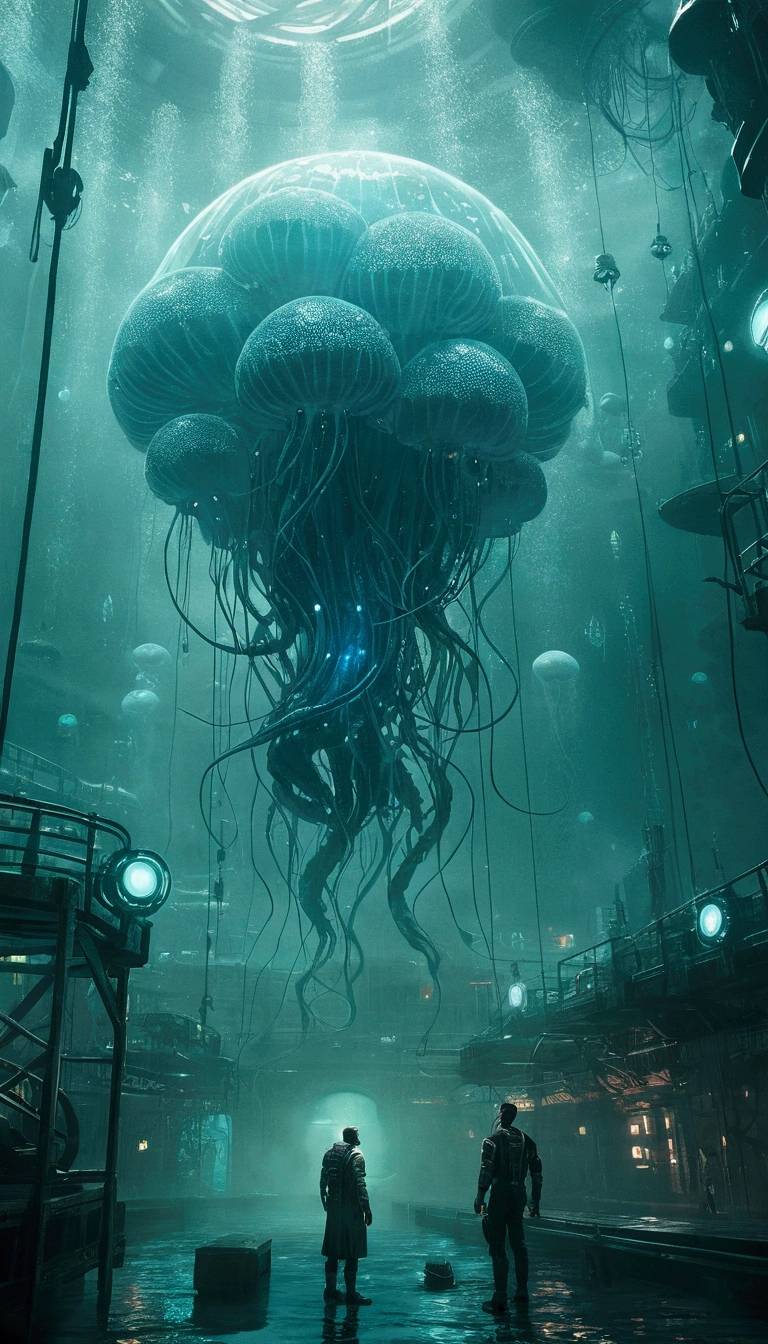 A man in a big room with a big brain々is standing。, Cyberpunk Jellyfish, Cloudpunk, mystical Sci-fi concept art, stunning Sci-fi concept art, surreal sci fi set design, Science fiction concept art, Futuristic Underwater City, detailed digital concept art, bioshock concept art, Deep Sea Cyberpunk, Sci-fi concept art, Sci-fi concept art、fog、Drift、cloud、Flowing、dim、Highest quality、8k