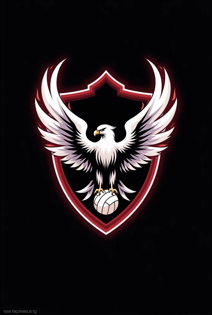 Generate a logo for a volleyball team with a black background and made up of a falcon with a white aura and fire coming out of its wings, a volleyball in the center and a shield
