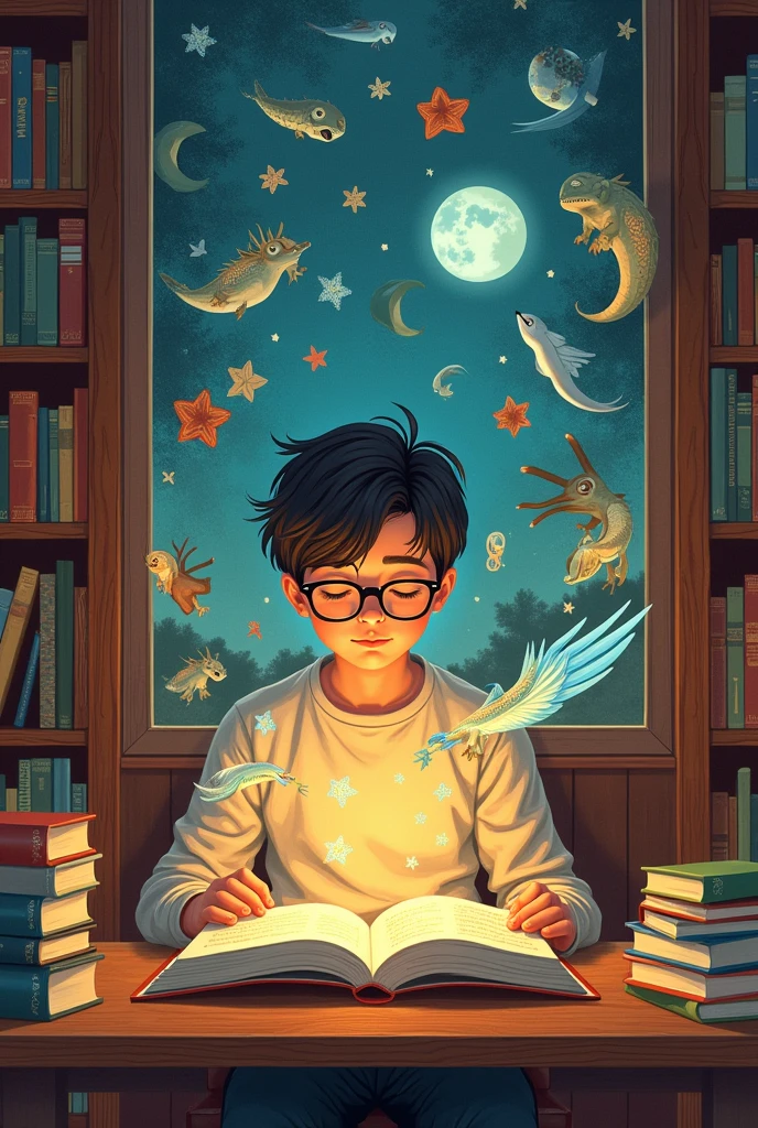 Poster inviting reading with writing "get your first book" picture of a young man wearing glasses reading a book in the library and there are many imaginary pictures of what he is reading