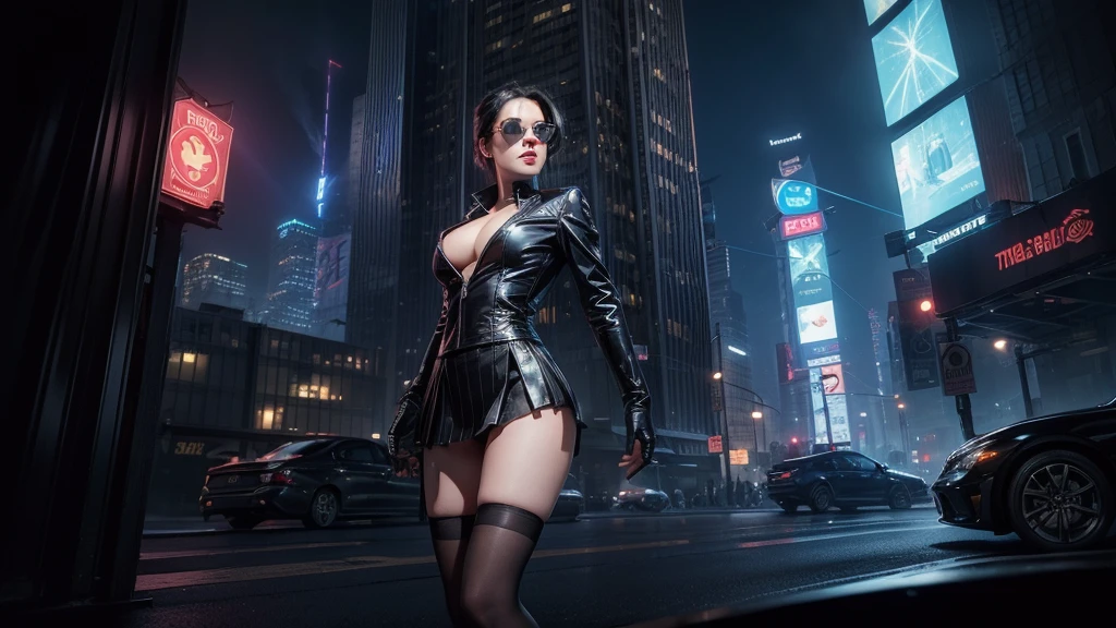 (Wide angle view). Matrix film inspired 1930s New York city, simple outlined neon tall buildings, glowing giant clock tower, cars, lightning, 3D rendering Beeple, Matrix-like glowing cascading code. At night, (1girl, solo, alone), photorealistic, medium-breast slim:0.6 body, oval:0.5 face, cleavage:1.1, sexy costume with deep-v, very low angle view of pleated miniskirt, white laced panty, ((upskirt)), glove, (Matrix style black micro sunglasses), ((aiming viewer with a short gun)), (half-body thigh level close-up shot), cinematic lighting, ray tracing.