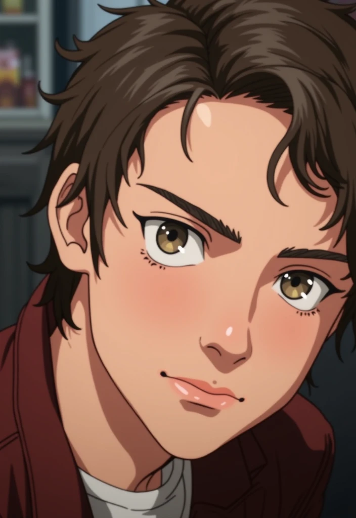 A handsome man in a red leather jacket stands in a convenience store, ready for action. The focus is on the man&#39;s upper body, with a close-up capturing his captivating presence. He's looking directly into the camera, creating an engaging connection with the viewer. The scene has a sincerity, amateur sensation, increasing the authenticity of the moment. Image quality is exceptional, with a raw, 8k, and ultra-high definition resolution, captured using a Fujifilm XT3 camera. The overall aesthetic of the image reflects the vibrancy and intensity of the man&#39;s character.. The lighting emphasizes the robustness and masculinity of the subject, highlighting the red color of the leather jacket.