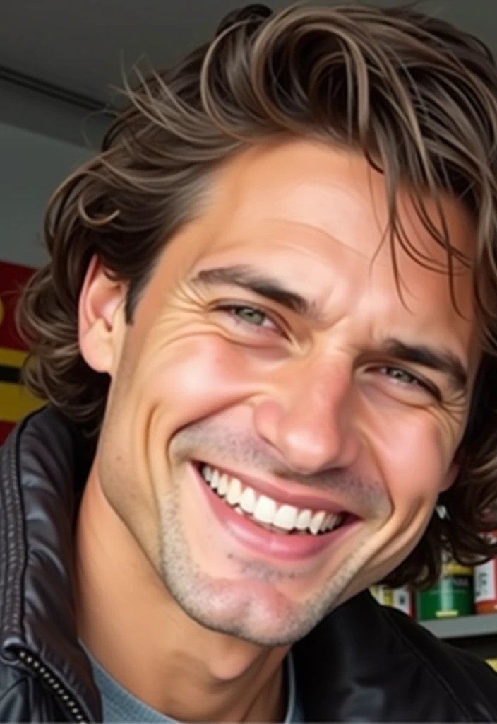 A handsome man in a red leather jacket stands in a convenience store, ready for action. The focus is on the man's upper body, with a close-up capturing his captivating presence. He's looking directly into the camera, creating an engaging connection with the viewer. The scene has a sincerity, amateur sensation, increasing the authenticity of the moment. Image quality is exceptional, with a raw, 8k, and ultra-high definition resolution, captured using a Fujifilm XT3 camera. The overall aesthetic of the image reflects the vibrancy and intensity of the man's character.. The lighting emphasizes the robustness and masculinity of the subject, highlighting the red color of the leather jacket.
