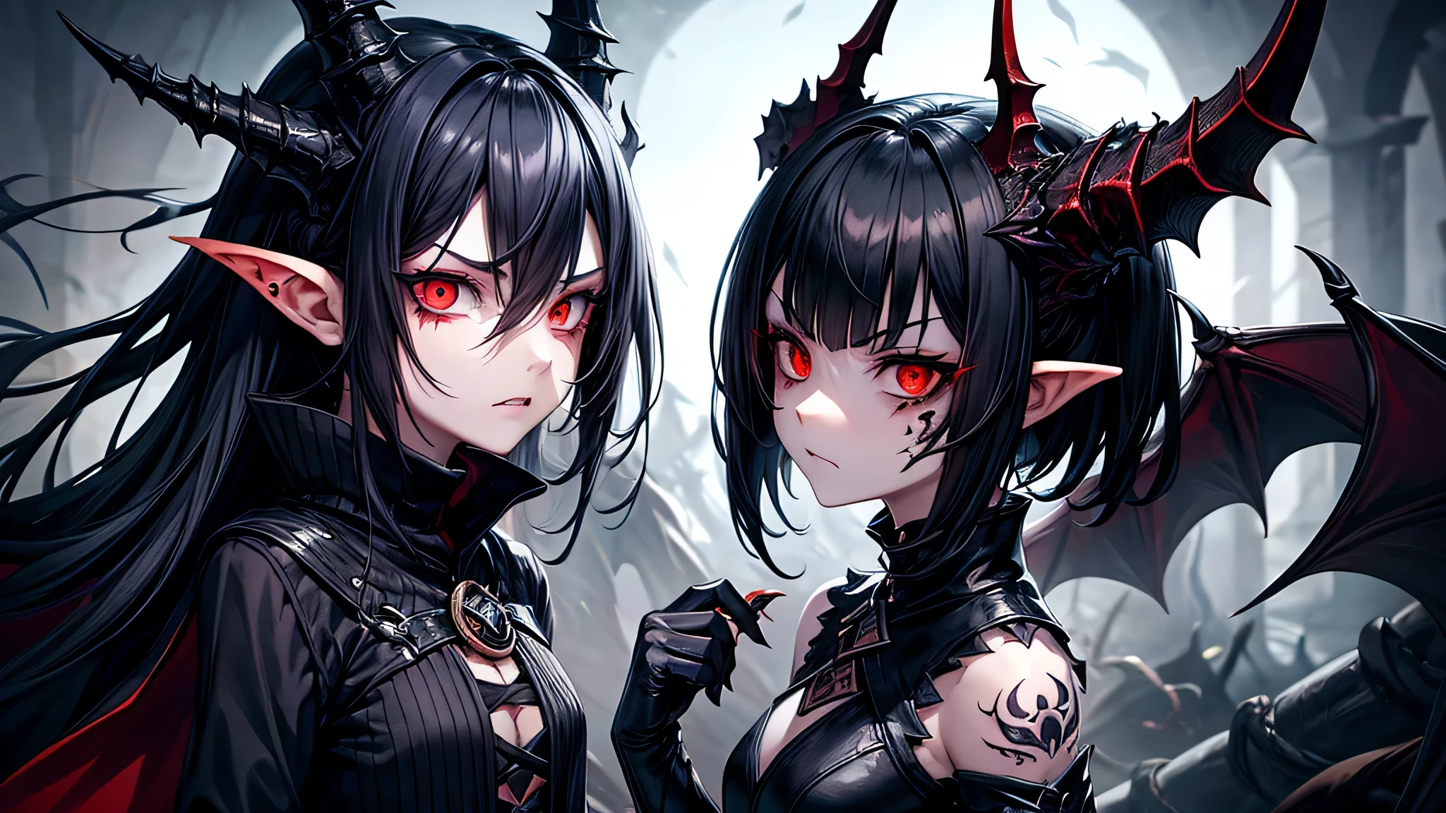 1 monster girl, serious face, crack tatto on face, black short hair, dragon horn on head, scary, dark, fantasy, shinning red eyes, fang, magician, dark scales, abyss, abyss monster