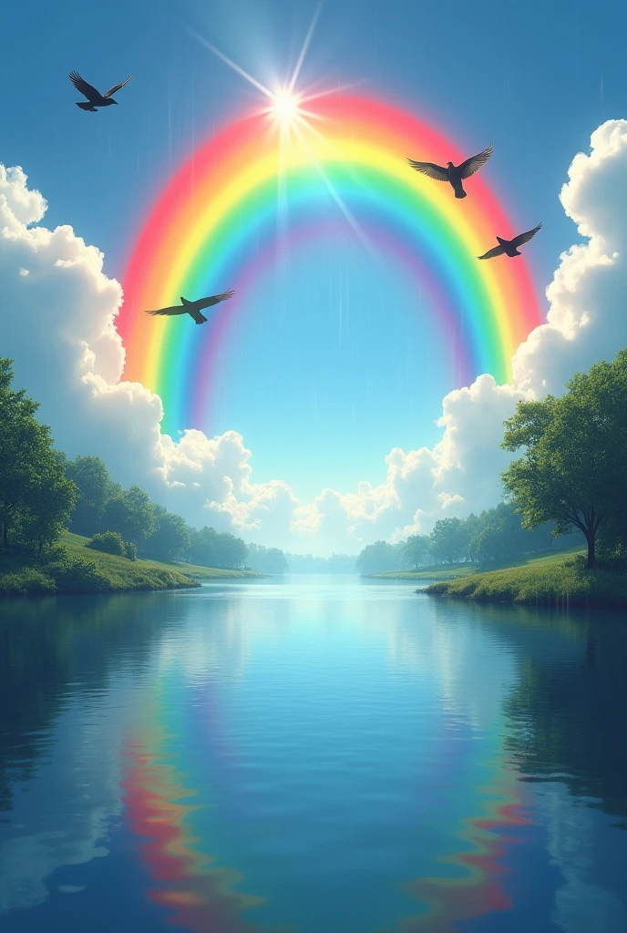 ((a rainbow appears in the sky after the rain.)),baiyun, after the rain, Sun rays, refractions, seven colors, red, orange, yellow, green, blue, violet, arch-shaped, A bridge to heaven, Light rays, dream magical, short, calm lake, inverted image, the outline of the tree, The birds fly, refresh, magical, Beautiful natural landscape