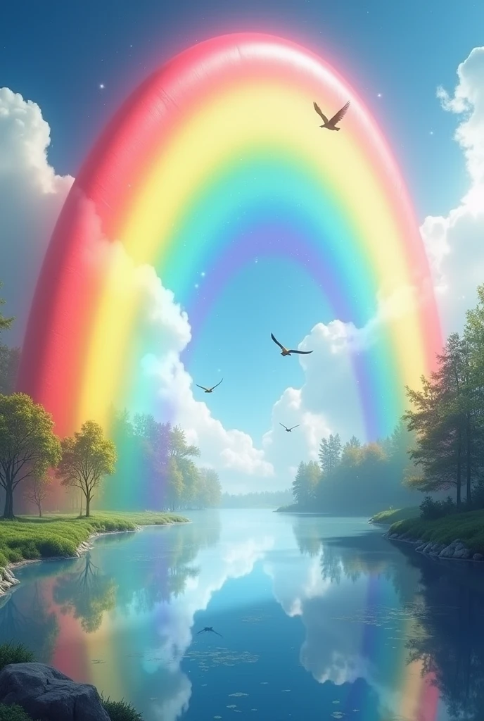 ((a rainbow appears in the sky after the rain.)),baiyun, after the rain, Sun rays, refractions, seven colors, red, orange, yellow, green, blue, violet, arch-shaped, A bridge to heaven, Light rays, dream magical, short, calm lake, inverted image, the outline of the tree, The birds fly, refresh, magical, Beautiful natural landscape
