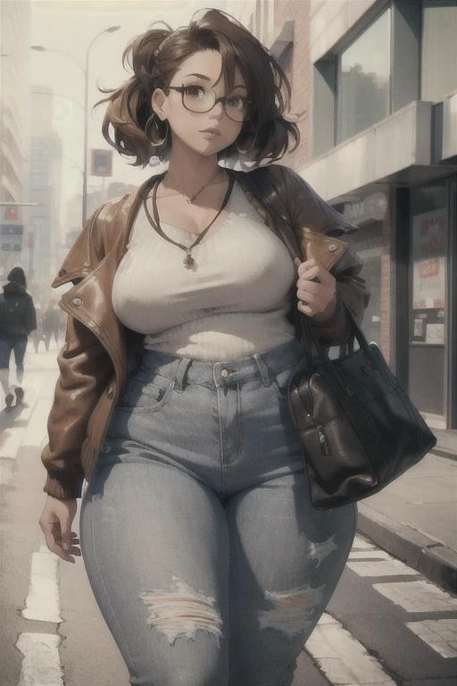 (Best quality), (high resolution), (detailed),1woman, curvy lady, cute face, cute hairstyle, cute outfit, thrifted outfit, pinterest, cute brown meather jacket, baggy jeans, gray sweater