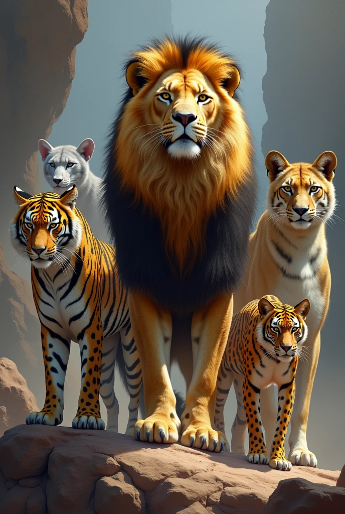 Lion is standing in a center and tiger , leopard, cheetah and wolf are standing his left and right