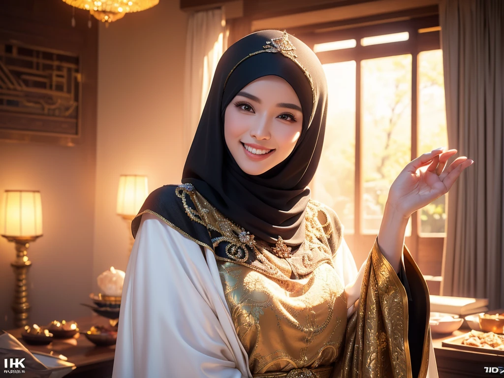 1girl, gorgeous Indonesian woman, silk abaya, hijab, smiling, shy, opened mouth, visible teeth, hot mom, full body portrait, (best quality,4k,8k,highres,masterpiece:1.2),ultra-detailed,(realistic,photorealistic,photo-realistic:1.37),HDR,UHD,studio lighting,ultra-fine painting,sharp focus,physically-based rendering,extreme detail description,professional,vivid colors,bokeh,portraits,warm color tones,dramatic lighting