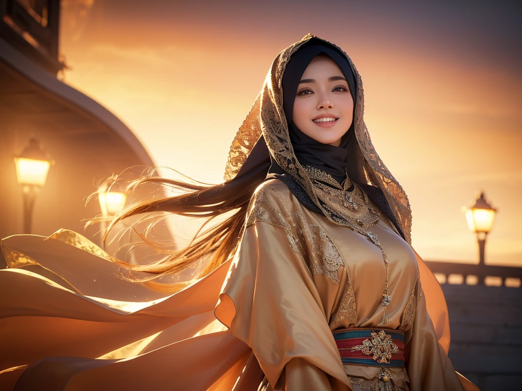 1girl, gorgeous Indonesian woman, silk abaya, hijab, smiling, shy, opened mouth, visible teeth, hot mom, full body portrait, (best quality,4k,8k,highres,masterpiece:1.2),ultra-detailed,(realistic,photorealistic,photo-realistic:1.37),HDR,UHD,studio lighting,ultra-fine painting,sharp focus,physically-based rendering,extreme detail description,professional,vivid colors,bokeh,portraits,warm color tones,dramatic lighting