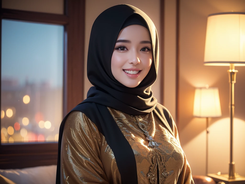 1girl, gorgeous Indonesian woman, silk abaya, hijab, smiling, shy, opened mouth, visible teeth, hot mom, full body portrait, (best quality,4k,8k,highres,masterpiece:1.2),ultra-detailed,(realistic,photorealistic,photo-realistic:1.37),HDR,UHD,studio lighting,ultra-fine painting,sharp focus,physically-based rendering,extreme detail description,professional,vivid colors,bokeh,portraits,warm color tones,dramatic lighting