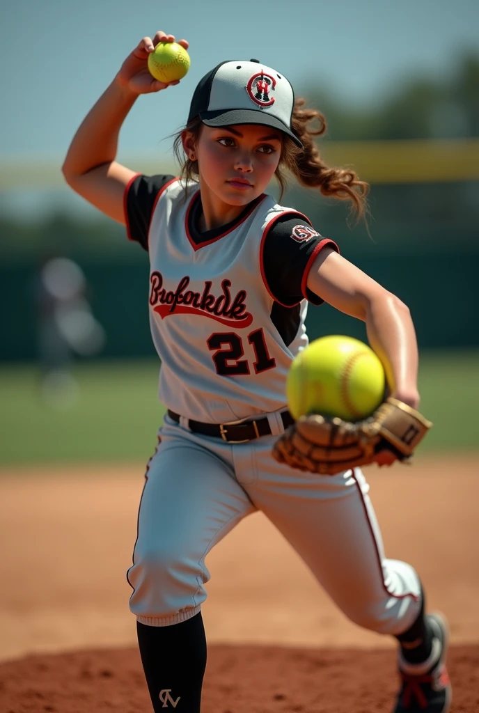 Generate a cool effect of softball player drawing idea with cool posture and angle of camera make it nice (pitching and throwing)