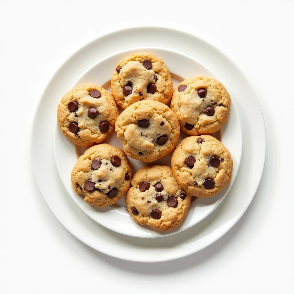 "Top-down angle focusing on a patternless white plate with neatly arranged round chocolate chip cookies placed side by side on a patternless white table."