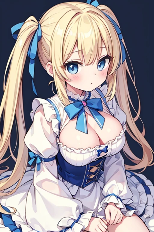 Highest quality,masterpiece,Blonde with blue eyes、ta、Beautiful breasts、Twin tails、Girl's Mischief,Alice in Wonderland,Japan,countryside,Ride on motorcycle,bike,Black-rimmed round glasses,