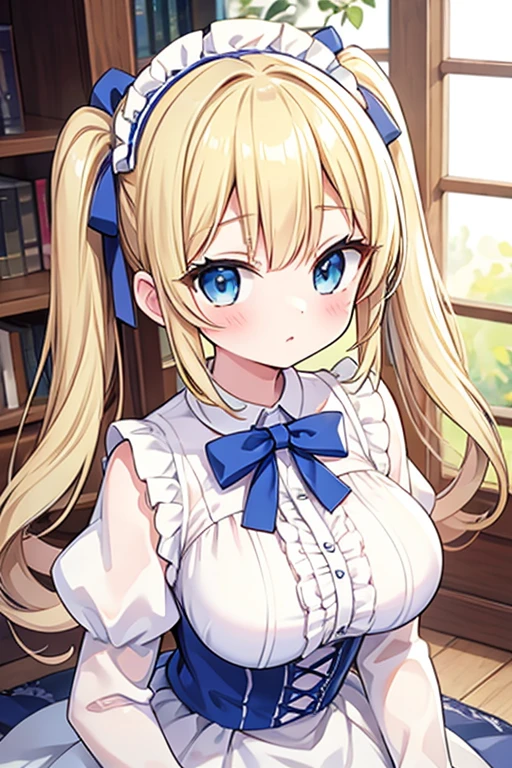 High quality, Best quality , masterpiece, Portrait、、Bright expression、ponytail、Young, shiny, white, glossy skin、Gloss Face、Shining Cheek Gloss、Small Face Beauty、The best beauty、The dazzling light of blonde hair、Bright blonde hair with dazzling highlights、Very beautiful shiny light blonde hair、super long silky straight hair、Her shiny, beautiful bangs are covering her eyes.、Sparkling, clear, attractive, bright, large, pale blue eyes、Very big eyes、eyeliner、very beautiful lovely cute 16 year old girl、young girl, Ample Bust, upper body , (smile:1.2) , (((school uniform , ponytail )))),in castle ,huge breast ,