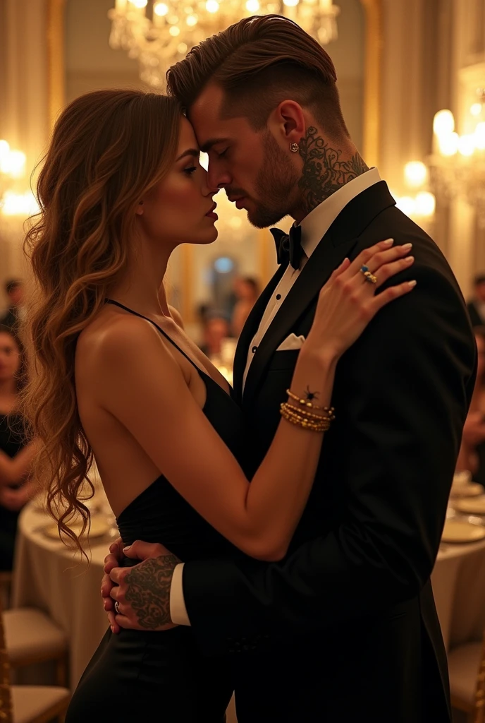 Make a couple in formal clothes at a fancy party, about to kiss. He with a confident air, staring at her with a cold gaze and serious expression, but keeping her close as if protecting her. And she with a serious expression but with a passionate look at him..

The woman being a Russian with long dyed blonde hair reaching her waist, thrown back with loose curled waves and with the brown roots showing, wearing a black silk dress, having a single small tattoo on his hand of a spider in a web.

And he&#39;s a Frenchman with chin-length light brown hair., no beards and with tattoos all over their bodies. Dressed in an all-back suit, make it clear in the image in a discreet way that both are criminals., SHE is a killer, his weapon being a knife and HE a mobster, his weapon being a small golden firearm.