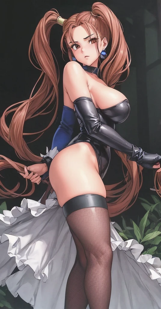 Jessica, with her large breasts, beautiful legs, shoulder-length twin tails, showing her arms and shoulders, and a mature face, is standing in a black high-cut bunny suit and fishnet stockings as a bunny girl, with her legs spread to the sides and a blushing face.。in the forest。