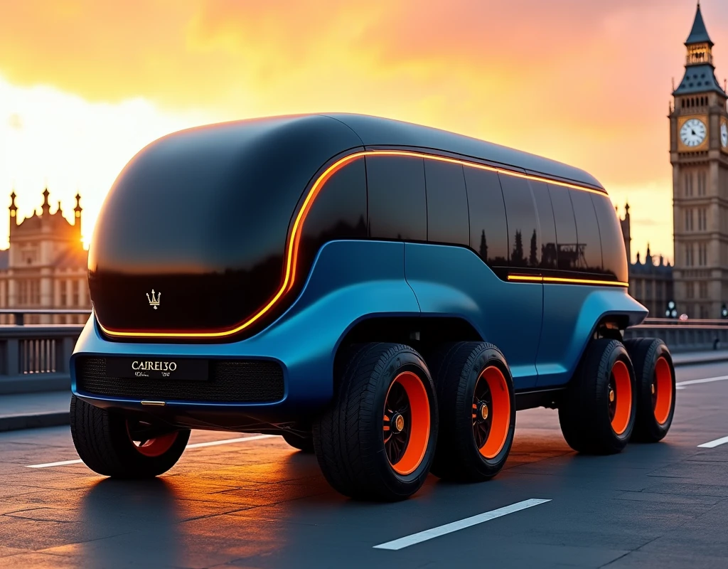 Bus camping car, double etage, bleu kobalt et noir, formes arrondie et angulaire, bas de caisse orange matte, jante baton, roues avant tourner, six roues, maserati ou ferrari, dans un decor londonien, soleil couchant