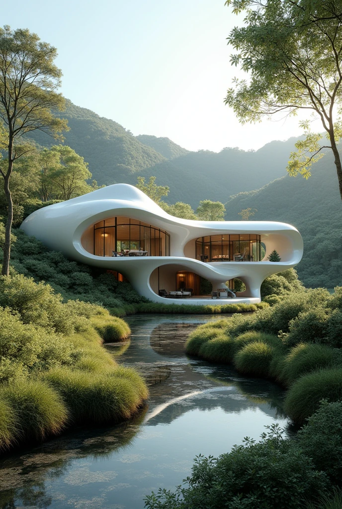 Give me the image of a house, away from the hustle and bustle of the city, lost in the landscape, with an architecture that evokes peace, Freedom, and security, that transmits calm, that allows the wind to pass through, that is not the everyday form of houses, but make a difference with curves without being tedious, can be camouflaged with the landscape through finishes and textures