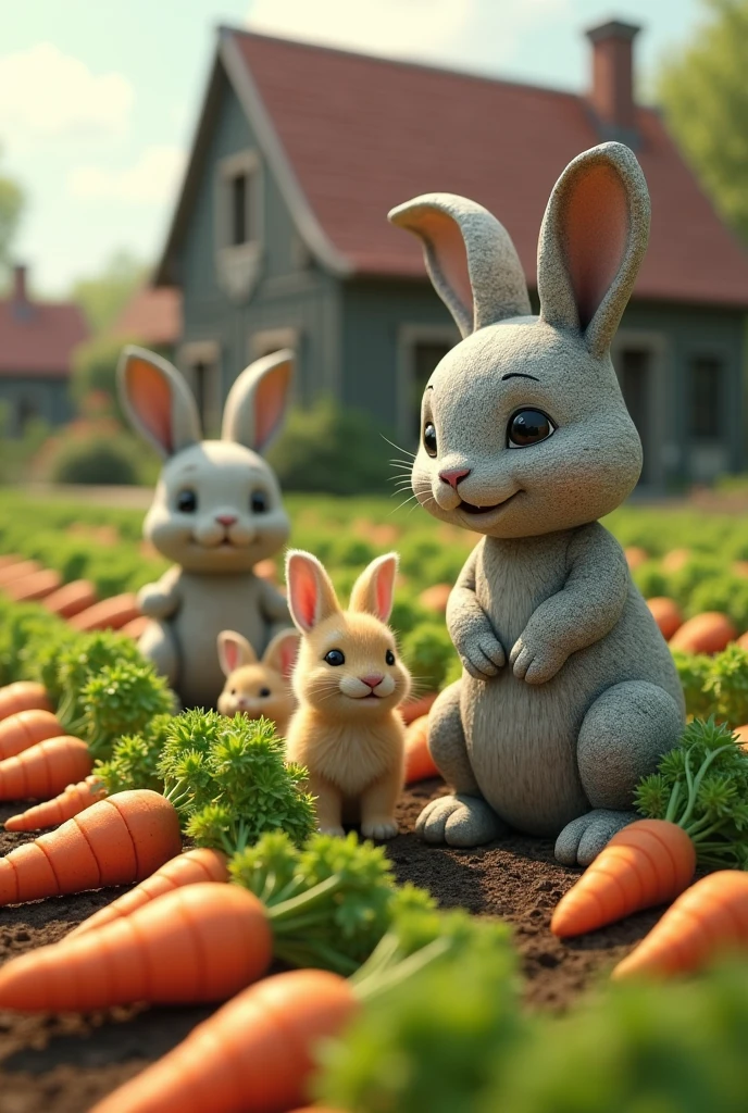 Stone rabbits with 3 animated little rabbit babies in a carrot field and farm house