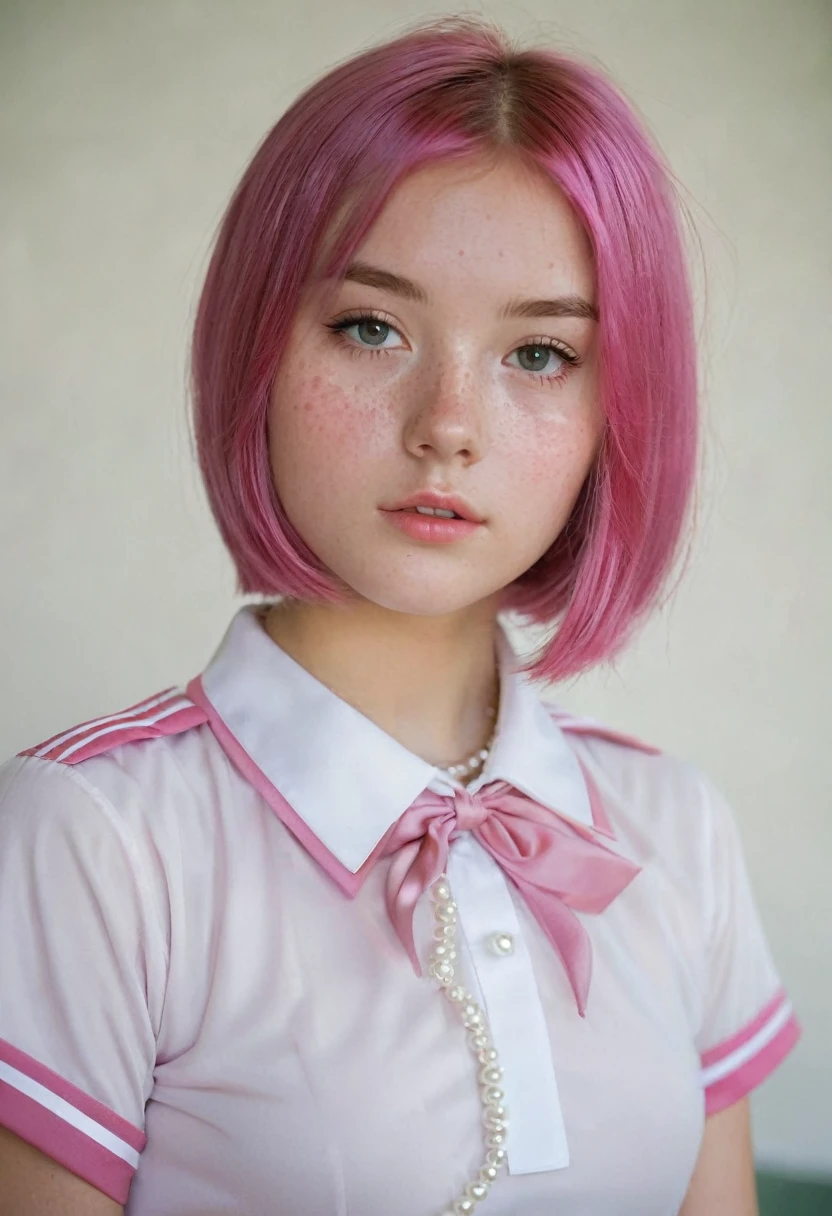 Young  girl, Nordic Ethnicity, chin length bob hairstyle, dark pink hair with a perfect face and medium breasts, with freckles, Wearing a silk sluty sexy School uniform, g string, full body shot, medium breasts, fit tiny body, .showing a lot of skin, wearing a pearls collar 