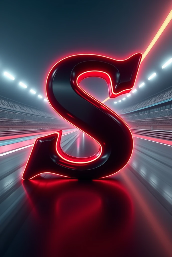 Black letter s with red edges, animated type, with racetrack background
