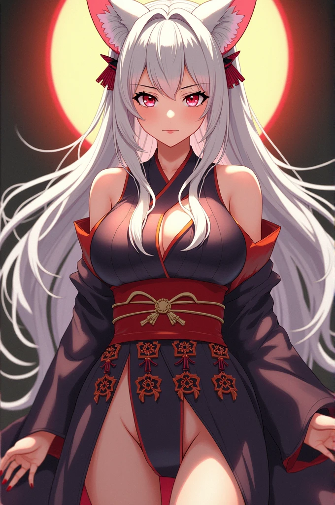 Draw in anime style a girl with very big tits, curvy body, fox ears, white hair, serious and tender look, samurai in miko clothes