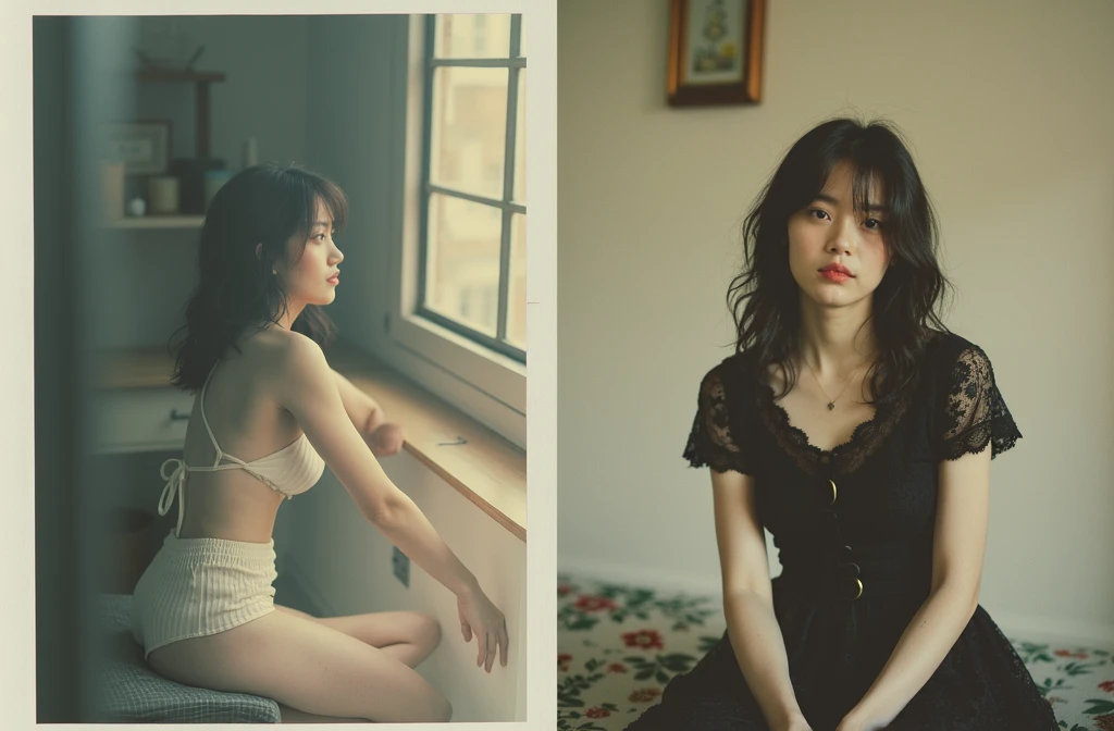 girl、 analog film photo, (Create a realistic and photorealistic photo image)、whole body、White tank top、White panties、Dimly lit place、Red light、Sitting、blur, tint, depth,