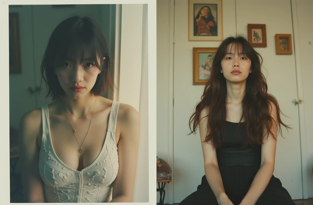 girl、 analog film photo, (Create a realistic and photorealistic photo image)、whole body、White tank top、White panties、Dimly lit place、Red light、Sitting、blur, tint, depth,