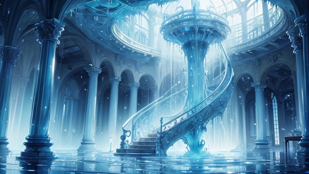 ((masterpiece)),((Highest quality)),((High Detail)),nobody,background, Atrium, Spiral water flow, water art, Splattering water droplets, Refreshing mist, Crystal clear water, Water Palace, Beautifully illuminated, magic, Bright blue light