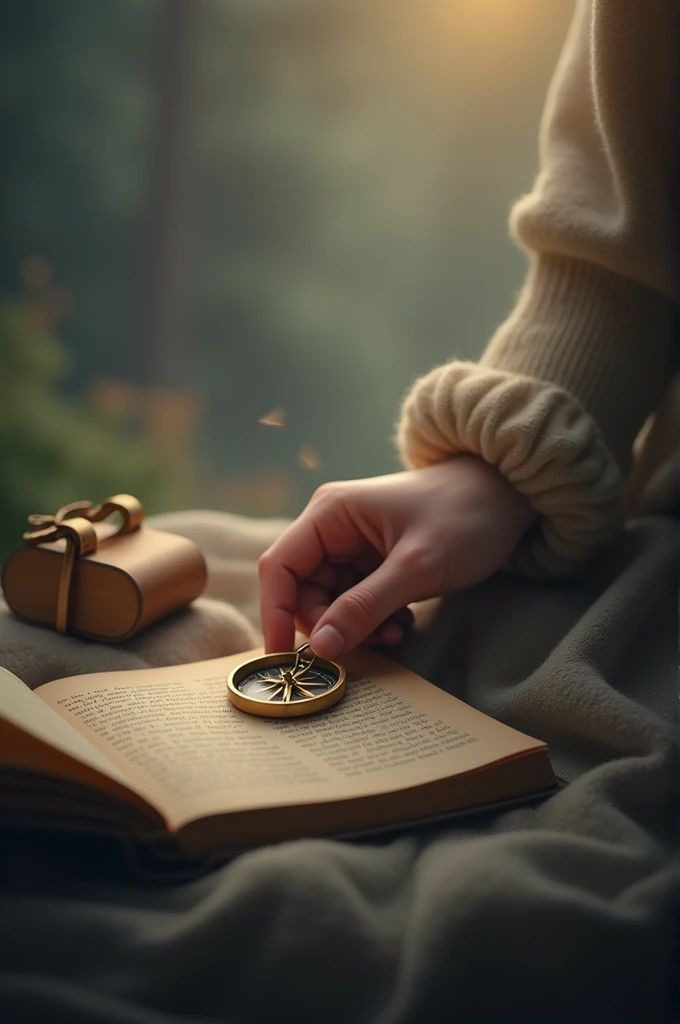 A simpler image might be a hand holding a compass., with a soft light focusing on both the compass and a small book next to it.