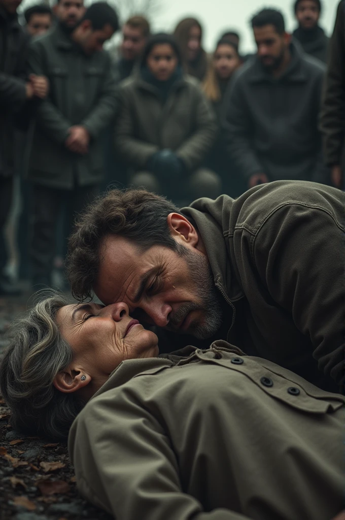 A middle-aged man is sitting next to his mother and crying. 
His old mother died. 
He is lying on the ground. Many people are standing around him.