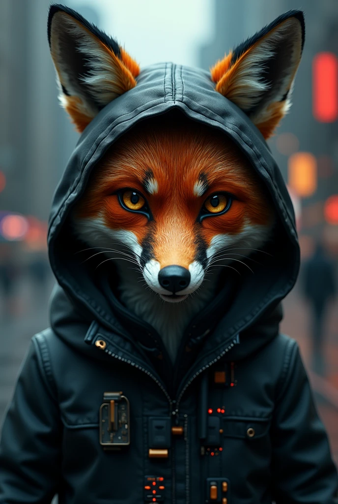 Hacker-like hooded fox facing front
