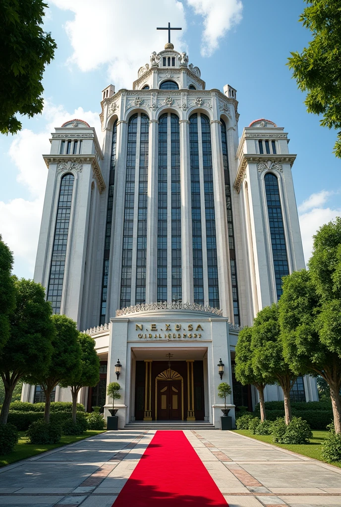 A wonderful and luxurious building, it's on it's own with large compound with trees and Grass with Singaporean architecture and the words Nexus Global Embassy fully exposed on the building separate concrete with red carpet on the entrance with a good full view and angle .Expose the words Nexus Global Embassy