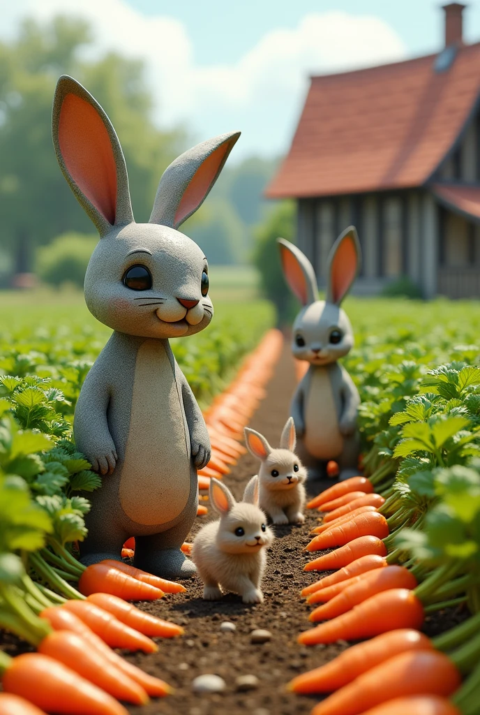 Stone rabbits with 3 animated little rabbit babies in a carrot field and farm house