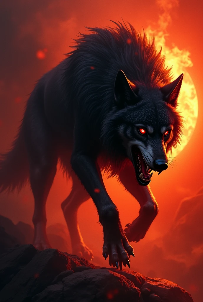 Generate an image of dark ferocious wolf with scars on face and body in black and red background with fire