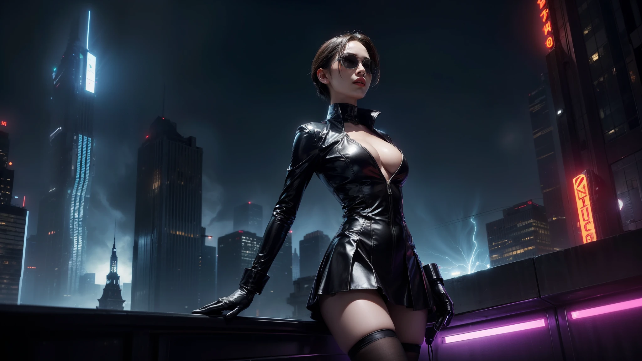 (Wide angle view). Matrix film inspired 1930s New York city, simple outlined neon tall buildings, glowing giant clock tower, cars, lightning, 3D rendering Beeple, Matrix-like glowing cascading code. At night, (1girl, solo, alone), photorealistic, medium-breast slim:0.6 body, oval:0.5 face, cleavage:1.1, sexy costume with deep-v, very low angle view of pleated miniskirt, white laced panty, ((upskirt)), glove, (Matrix style black micro sunglasses), ((aiming viewer with a short gun)), (half-body thigh level close-up shot), cinematic lighting, ray tracing.