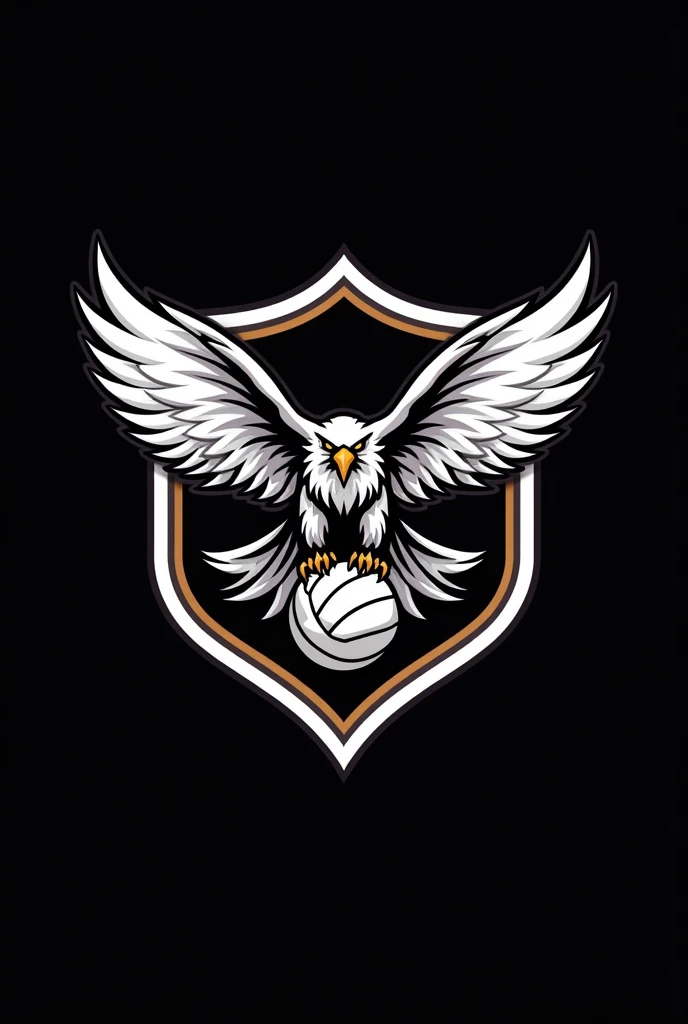 Generate a logo for a volleyball team with a black background and made up of a falcon with a white aura and fire coming out of its wings, a volleyball in the center and a shield