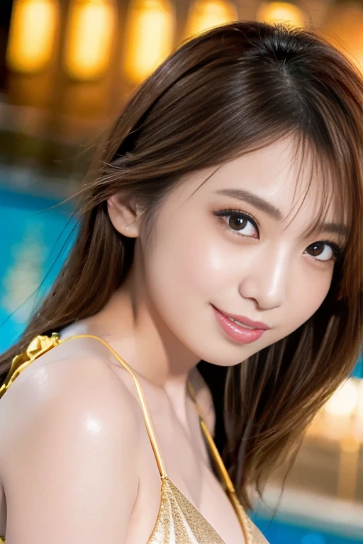 Beautiful woman, Japanese actress, ((gold bikini)), looking us, and little smiling, walking on night pool, incredibly detailed face, incredibly detailed beautiful eye, ((double eyelid)), glossy lips, (((focus on face))), ginger drill long hair, masterpiece, high quality, best quality, highly detailed, insanely detailed, 8K