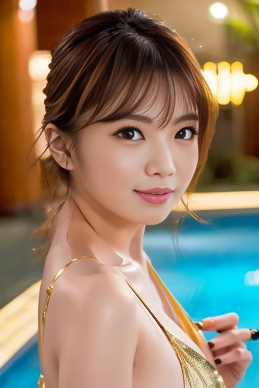 Beautiful woman, Japanese actress, ((gold bikini)), looking us, and little smiling, walking on night pool, incredibly detailed face, incredibly detailed beautiful eye, ((double eyelid)), glossy lips, (((focus on face))), ginger drill long hair, masterpiece, high quality, best quality, highly detailed, insanely detailed, 8K