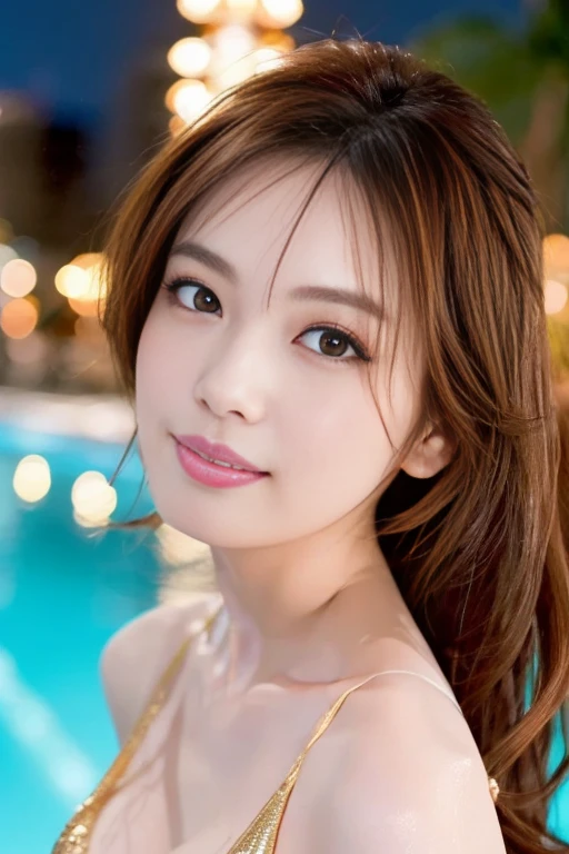 Beautiful woman, Japanese actress, ((gold bikini)), looking us, and little smiling, walking on night pool, incredibly detailed face, incredibly detailed beautiful eye, ((double eyelid)), glossy lips, (((focus on face))), ginger drill long hair, masterpiece, high quality, best quality, highly detailed, insanely detailed, 8K