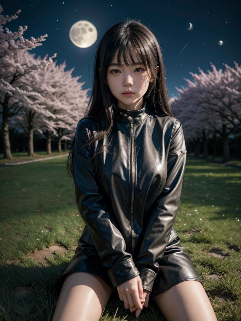 a Japanese girl, wearing leather clothes, on a hill with cherry trees at night, sitting under the grass looking at the moon in a starry sky
