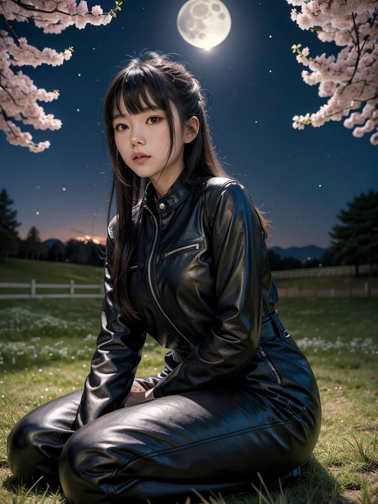 a Japanese girl, wearing leather clothes, on a hill with cherry trees at night, sitting under the grass looking at the moon in a starry sky