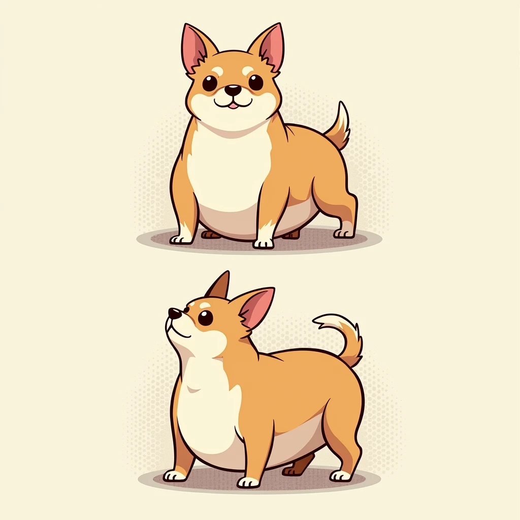 Chibi Style, 2-panel cartoon, dot halftone, Flat Color, Chihuahua successfully diets,Please draw the picture before diet above.,Please draw the picture below after dieting.,